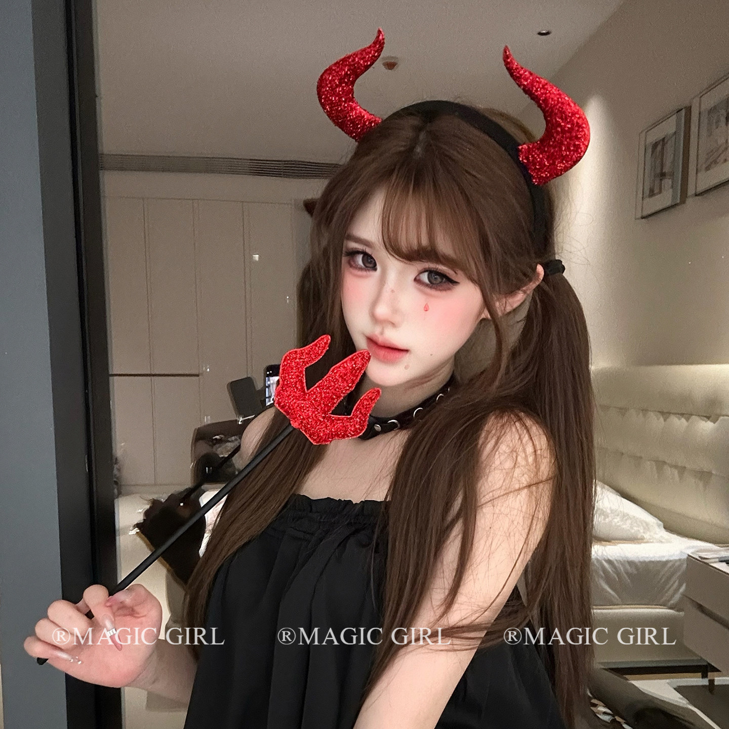 2件套 万圣节头饰红色细闪看亮片小恶魔角发箍套装搞怪可爱发饰