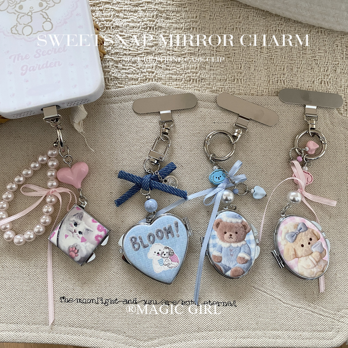 原创可爱小熊镜子手机挂件卡通串珠包包挂饰钥匙扣挂链便携化妆镜