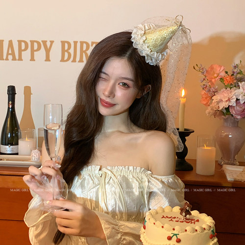 金边网纱蝴蝶结生日帽子发夹