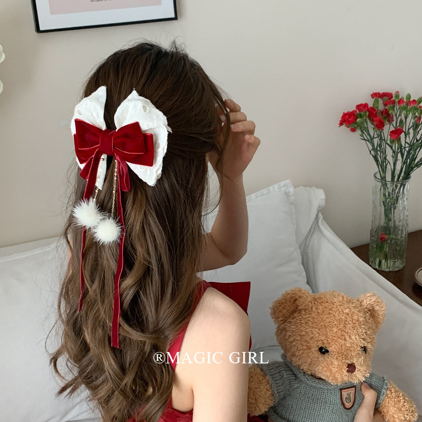 少女酒红色丝绒蝴蝶结飘带发夹女新年氛围感毛球流苏发卡甜美夹子,饰品/流行首饰/时尚饰品新,发饰,淘宝优惠券,粉丝福利购,淘宝优惠卷