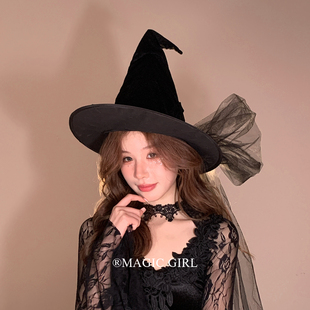 万圣节超大黑色网纱蝴蝶结女巫帽派对cos魔法帽头饰夸张巫婆帽子