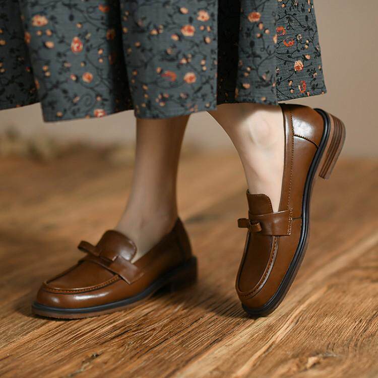 真皮女平底鞋圆头低跟牛皮单鞋2022年春季ins风蝴蝶结布洛克鞋