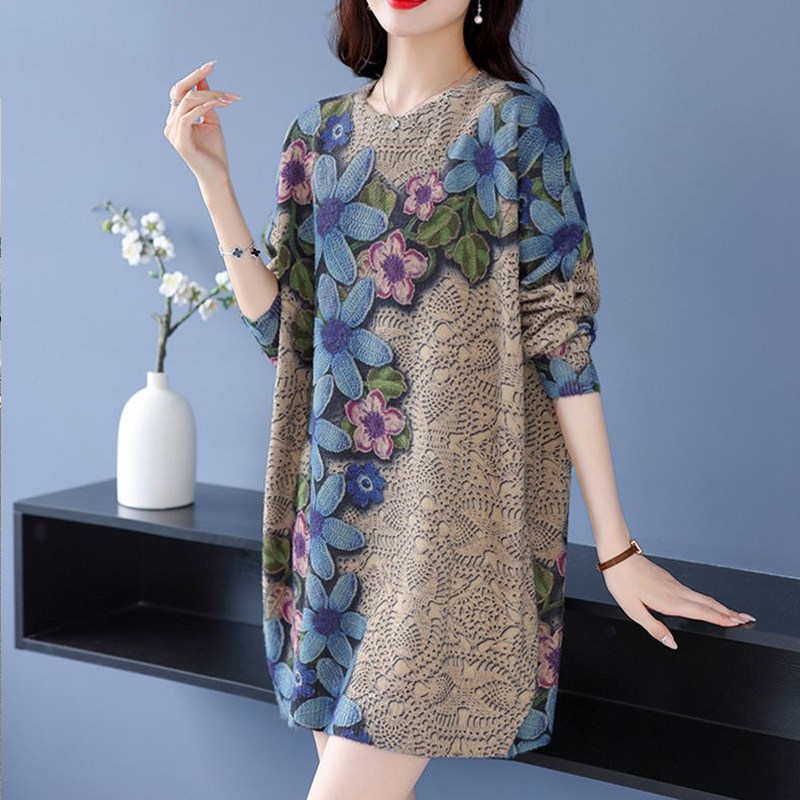 时尚印花毛衣中长裙女士2023秋冬新款复古宽松长袖加厚打底连衣裙