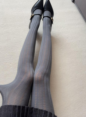 秋冬新款竖纹麦穗提花连袜格雷系显瘦百搭灰色打底袜复古美腿袜裤