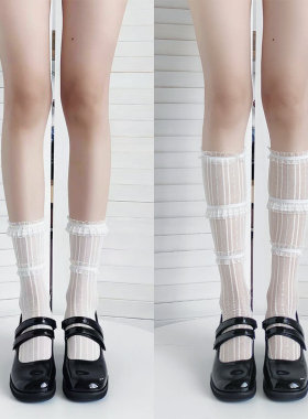 芭蕾风蕾丝小腿袜子女薄夏白色堆堆袜学院风中筒袜蝴蝶结超仙花边