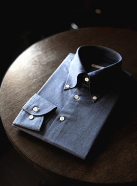 REAL SELF意大利经典老钱高级影蓝色 男士商务休闲高定手工衬衣