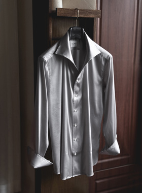 REAL SELF 高级意式休闲优雅老钱银灰色桑蚕丝男士手工一片领衬衣