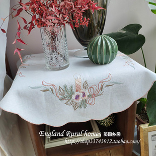 亚麻绣花圆桌布美式乡村圣诞节礼物边几空调床头柜盖巾