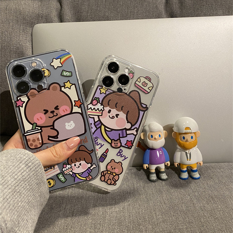 ins风可爱卡通情侣手机壳适用于苹果16promax金属灰硅胶透明iPhone15远峰蓝14/13防摔12pro超薄16