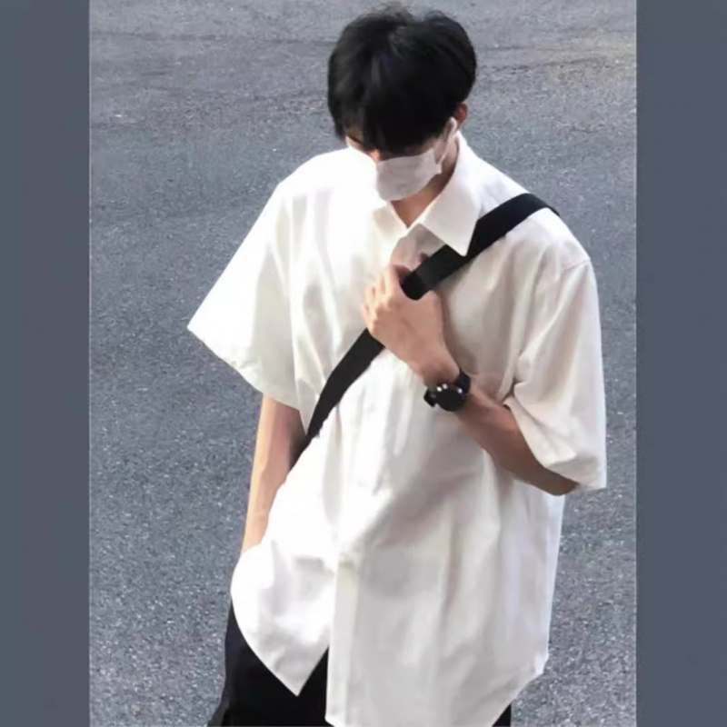 港风棉质白衬衫男短袖夏季设计感