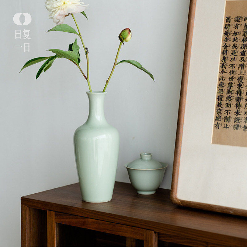 宋代美学中式青瓷釉美人肩花瓶陶瓷插花水培干花居家室内花器摆件