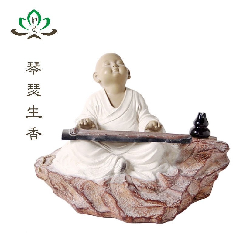 创意香道摆件铁丸石小和尚小沙弥琴瑟生香一角禅石愿禅趣工艺礼品