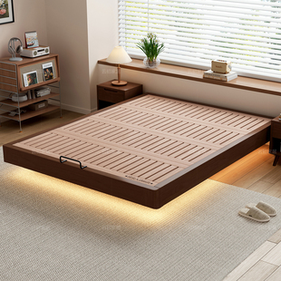 全实木无床头榉木床榻榻米主卧齐边悬浮床架小户型静音床板可定制