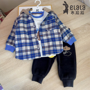 衣拉拉校服神器秋冬新款男童夹薄棉衣衬衫格子外套连帽男宝宝保暖