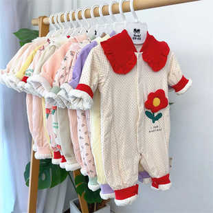 衣拉拉瑁恩瑁爱冬新款婴儿夹薄棉连体衣女宝宝甜美保暖爬服厚外出