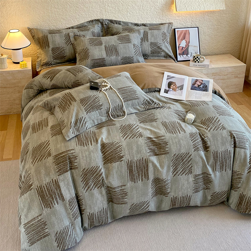 加厚磨毛四件套2025新款简约卡通格子印花亲肤床单被套秋冬床品