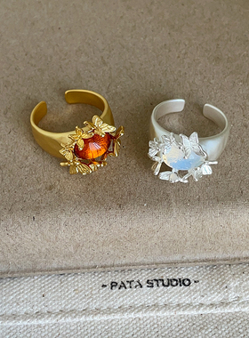 复古轻奢椭圆猫眼石蝴蝶戒指女小众个性时尚潮流气质通勤耳环耳饰