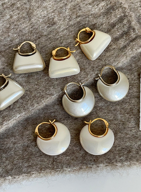 奶白色仿珍珠拼接金属圆圈包包造型耳扣女小众高级感时尚耳环耳饰