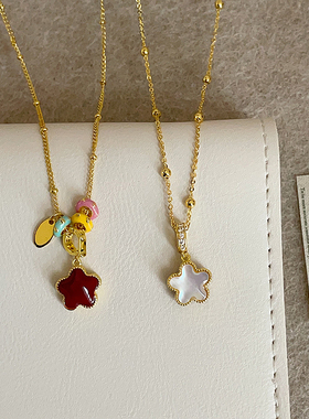 红色滴油贝母AB面花朵吊坠项链女复古个性精致时尚百搭颈链毛衣链