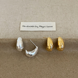 独特高级感切面纹理豆子金属耳钉女个性 精致百搭耳环耳饰 简约时尚