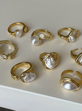 欧美个性夸张巴洛克珍珠戒指女气质独特时尚潮流通勤百搭指环戒子