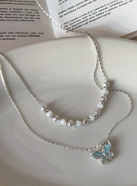 清新百搭蓝色水晶蝴蝶双层叠戴项链女轻奢时尚潮流通勤颈链锁骨链