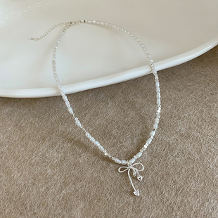 轻奢蝴蝶结爱心锆石吊坠珍珠碎银项链女复古优雅百搭颈链锁骨链
