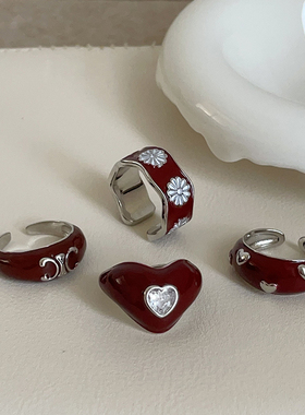 轻奢奶油风红色滴油爱心花朵戒指女气质时尚潮流通勤百搭指环戒子