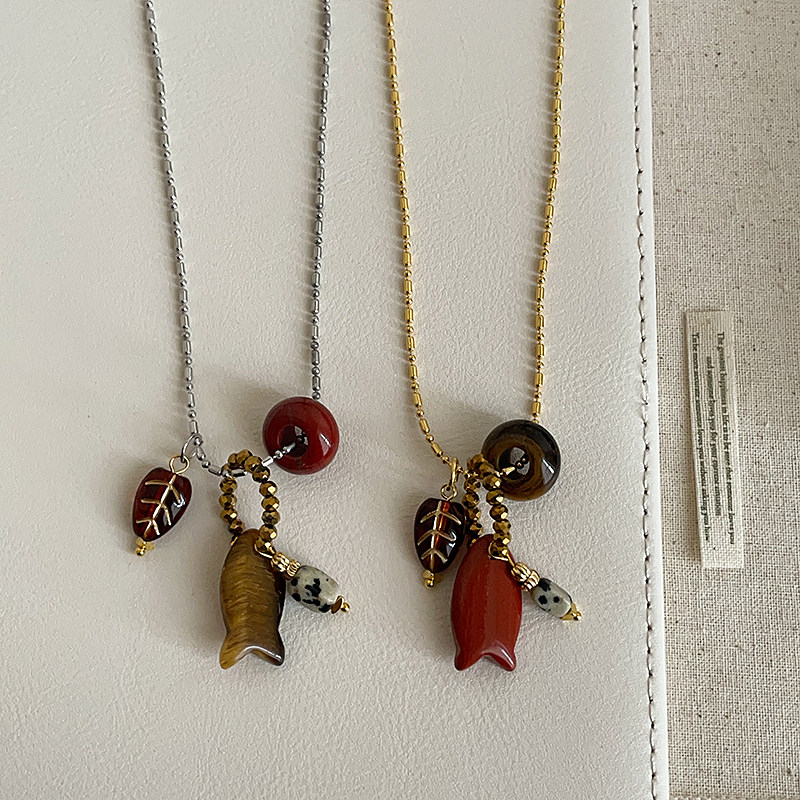 复古天然石小鱼树叶吊坠项链女个性独特时尚潮流气质颈链毛衣链
