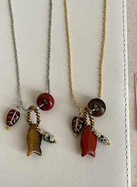 复古天然石小鱼树叶吊坠项链女个性独特时尚潮流气质颈链毛衣链