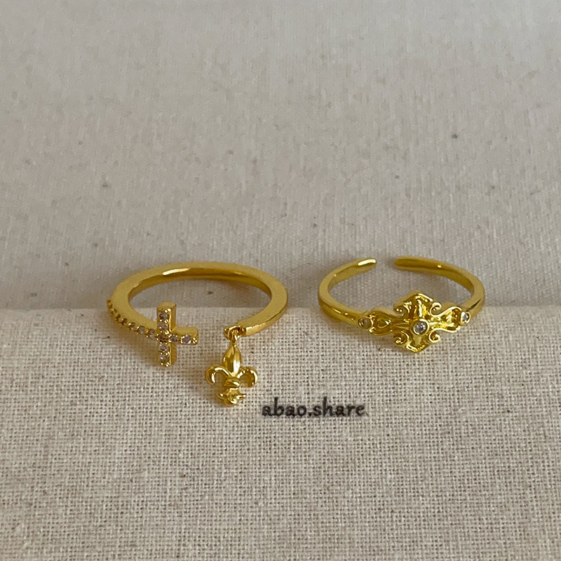 金色鸢尾花锆石十字架戒指女轻奢复古潮流时尚气质百搭指环戒子