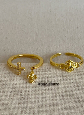 金色鸢尾花锆石十字架戒指女轻奢复古潮流时尚气质百搭指环戒子