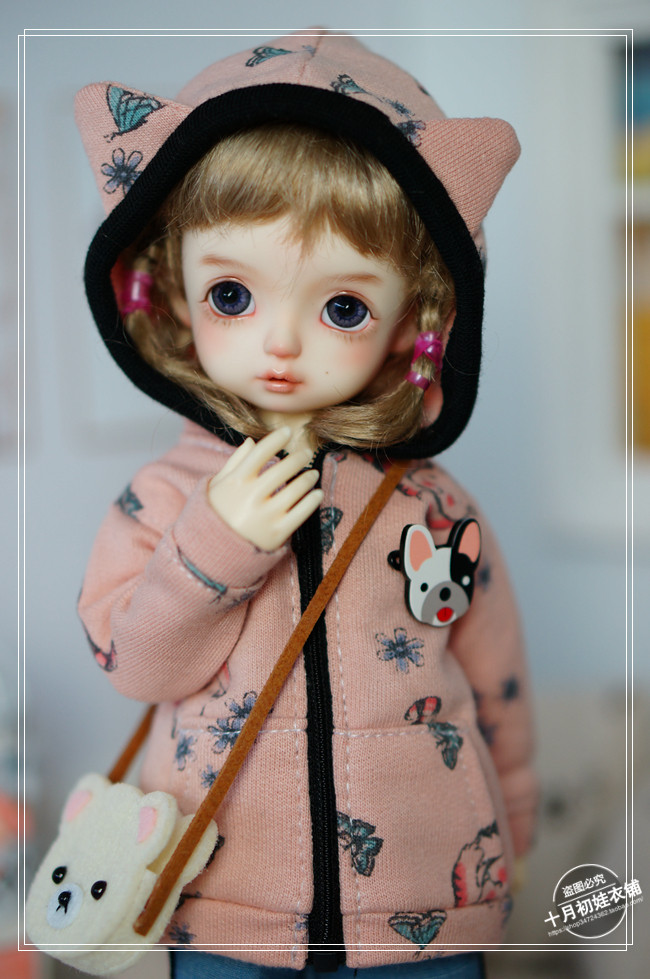 现货bjd6分十月初娃衣粉色猫耳朵连帽拉链外套yosd娃衣A61