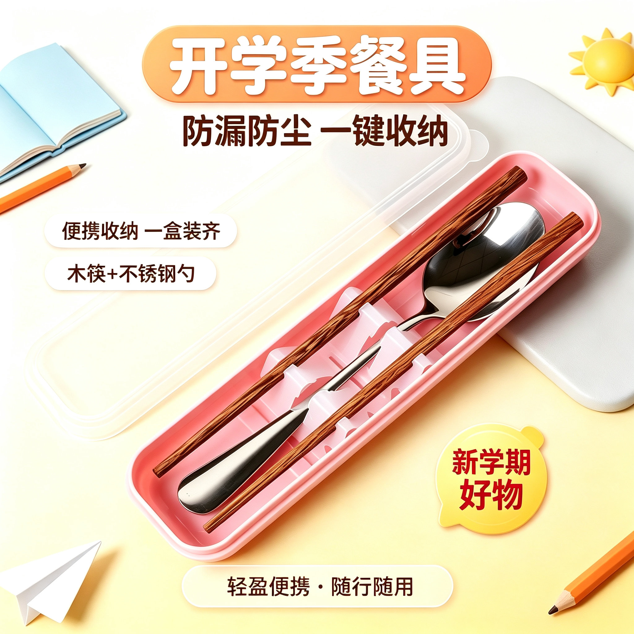 开学季中小学生便携餐具收纳套装图片