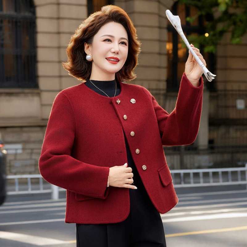 品牌官方中年妈妈秋装小香风毛呢外套短款中老年女装春秋薄款双面