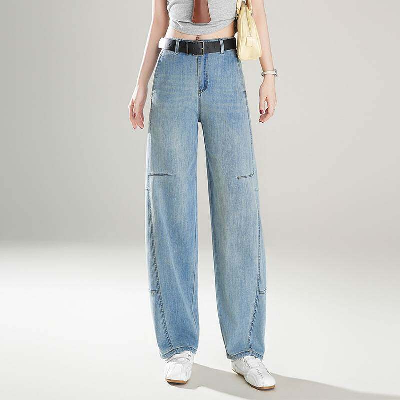专柜品牌浅蓝色直筒弯刀牛仔裤女2026春季新款高腰宽松垂感韩版洋