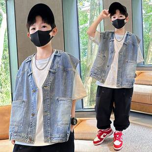 专柜品牌2026春季男童牛仔马甲时髦无袖工装坎肩中大童洋气春秋款