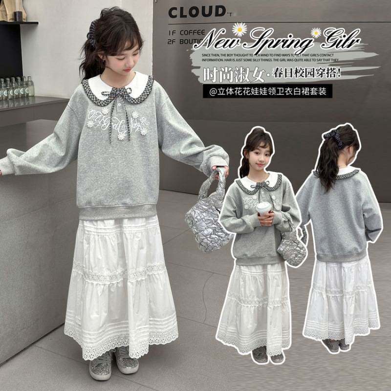 专柜品牌女童套装春秋款2026新款女孩大童韩系娃娃领提花卫衣半身