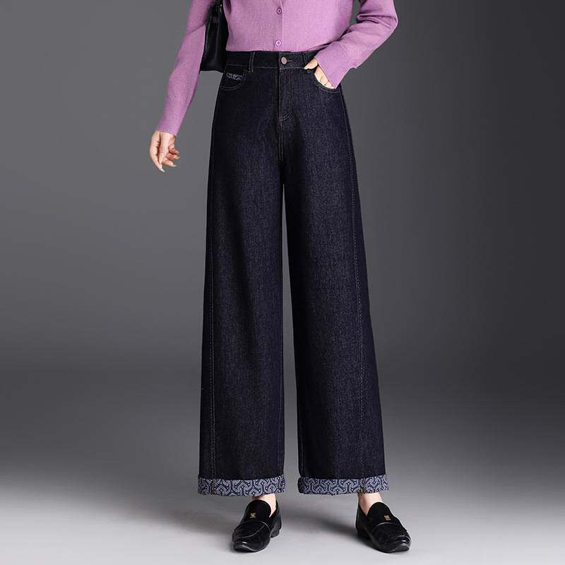专柜品牌丹宁蓝窄版牛仔阔腿裤女2026春季新款高腰百搭窄版宽松印