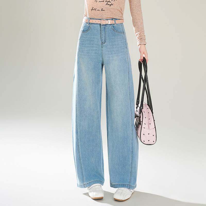 专柜品牌浅蓝色高腰弯刀牛仔裤女2026春季新款阔腿裤显瘦百搭休闲