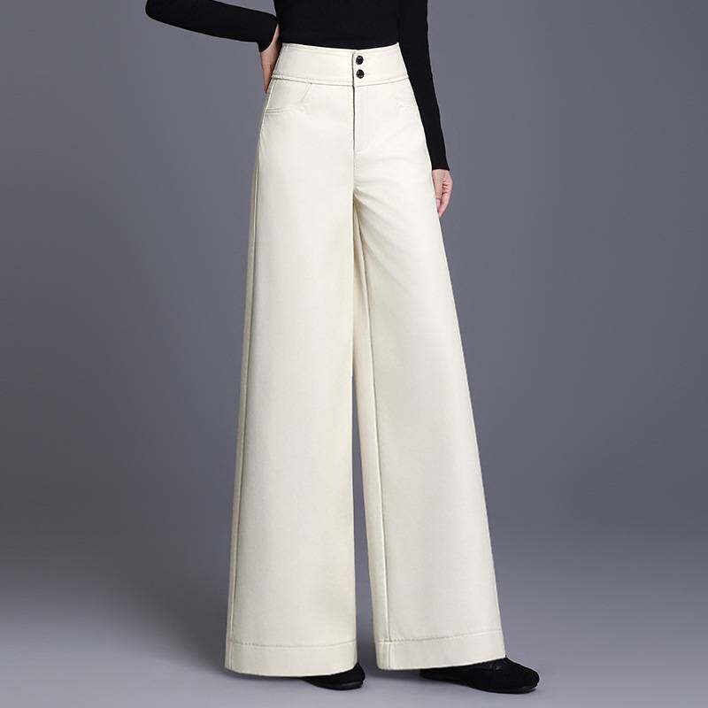 专柜品牌加长皮裤阔腿裤2026春季新款加绒加厚高腰垂感宽松休闲裤