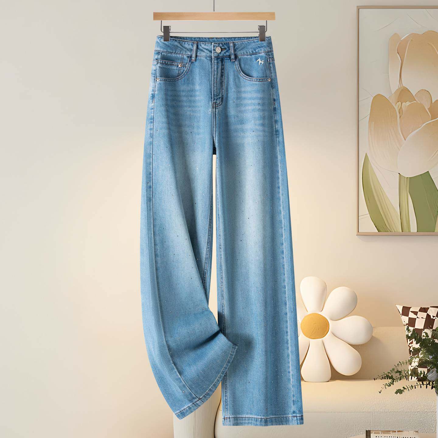 专柜品牌浅蓝色复古阔腿牛仔裤女2026春季新款高腰显瘦慵懒休闲窄