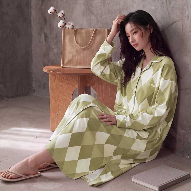 品牌官方A类抗菌100%纯棉睡裙女士秋冬季长袖连衣裙少女加大码全