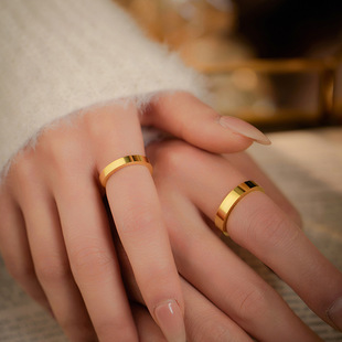 古法传承情侣戒指S925纯银经典素圈简约光面开口男女对戒指环