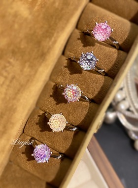 网红直播热卖托帕石烟花切戒指女时尚轻奢镶嵌高碳钻粉钻指环