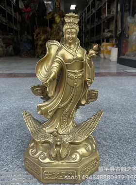 黄铜九天玄女摆件圣母娘娘神像 孔雀台执剑女神家居佛堂供奉摆设