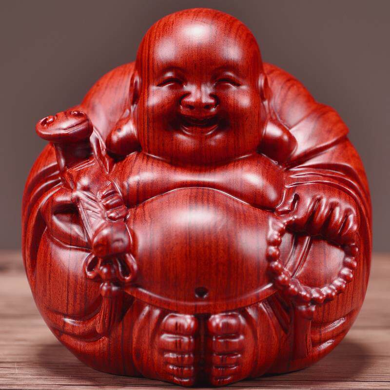 实木红色如意弥勒佛像桌面小摆件花梨木雕刻笑口常开大肚弥勒神像