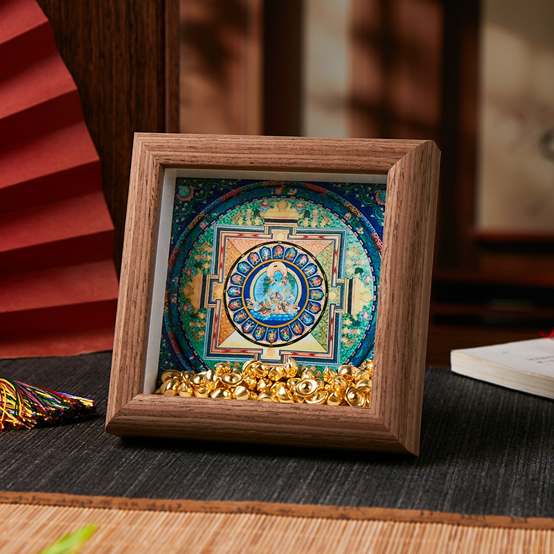 西藏吉祥天母玛哈嘎拉佛符时轮金刚六字真言黑金坛城唐卡摆件