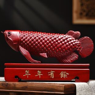 红色金龙鱼木雕摆件实木年年有余工艺品招财客厅办公装饰开业送礼