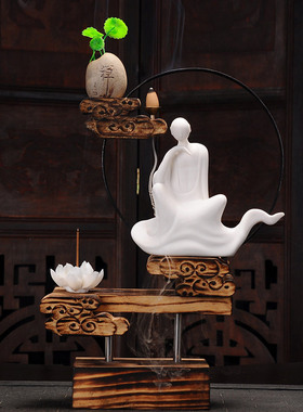 创意中式家居风化木头陶瓷倒流香炉禅意筋斗云摆件玄关装饰品摆设